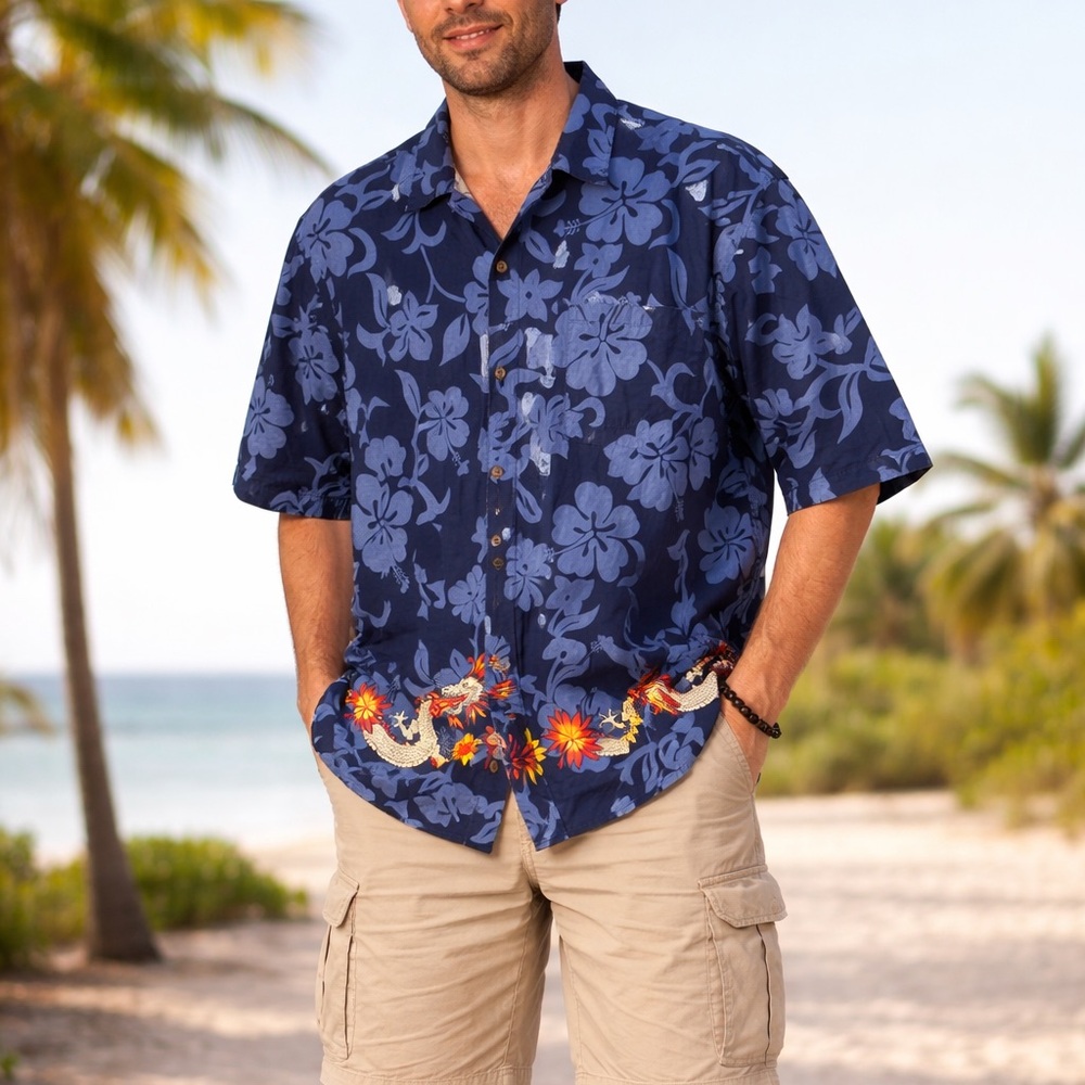 Hilo Hattie Blue Floral Dragon Shirt
